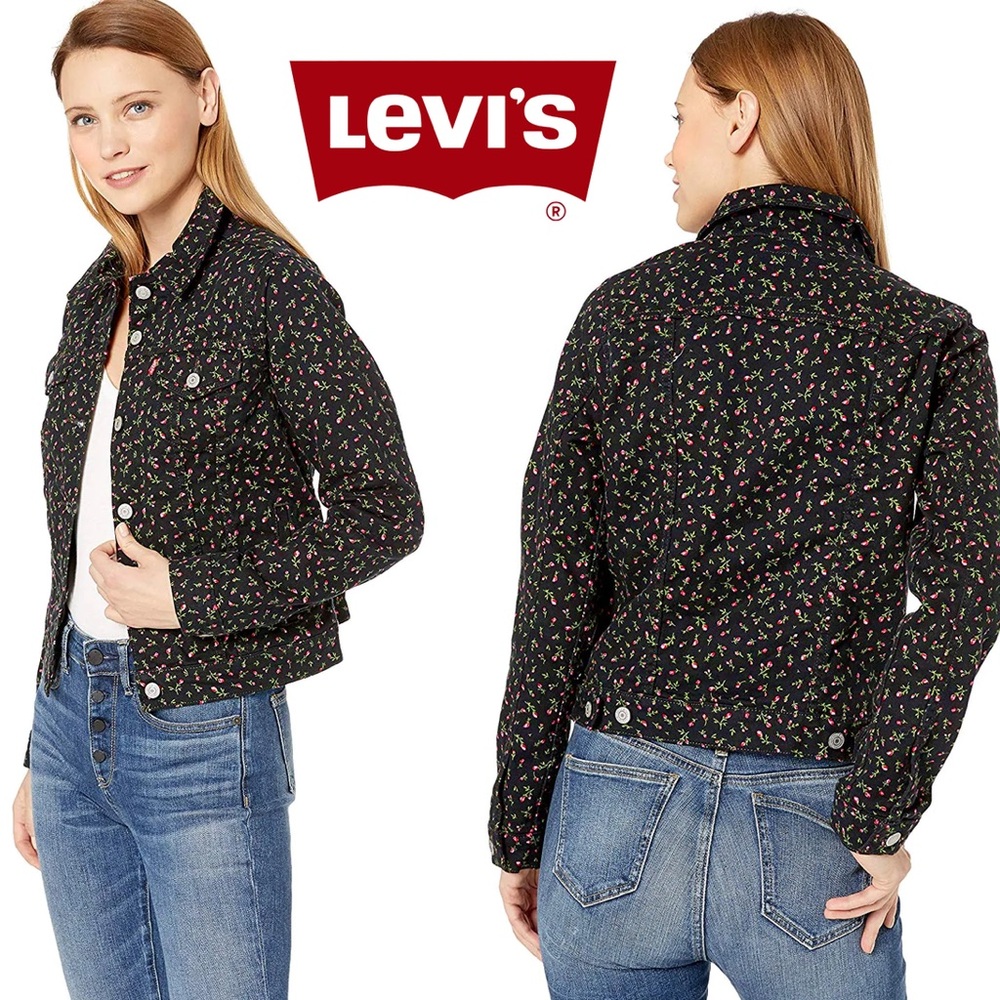 Levi's Floral Denim Trucker Jacket Sz Large Womens Rosebud Print Pockets Black
